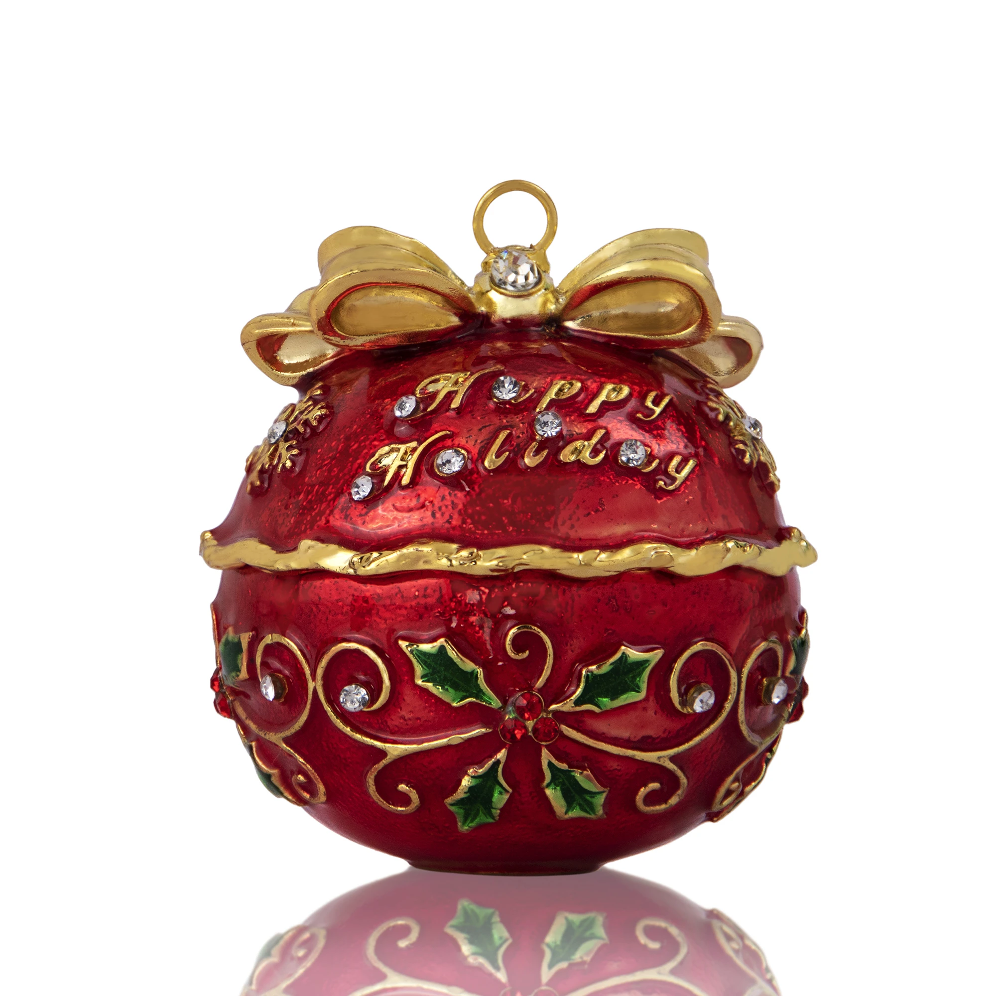 Hinged Christmas Bell Trinket Box Rhinestones Jeweled Chinese Red Painted Enameled Jewelry Ring Holder Boxes Collection 