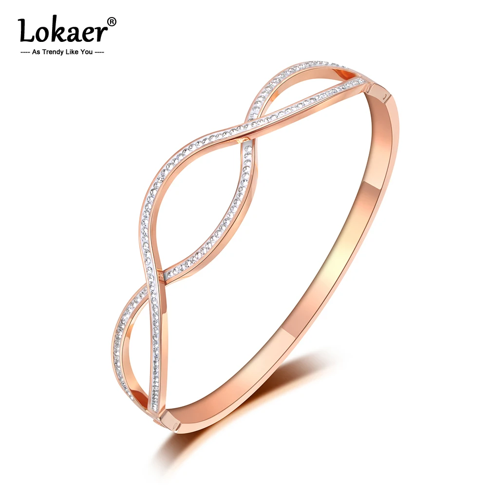 

Lokaer Sparkling Design Mosaic Rhinestone Cross Bangles & Bracelet Jewelry Rose Gold Color Stainless Steel Wedding Bangle B19091