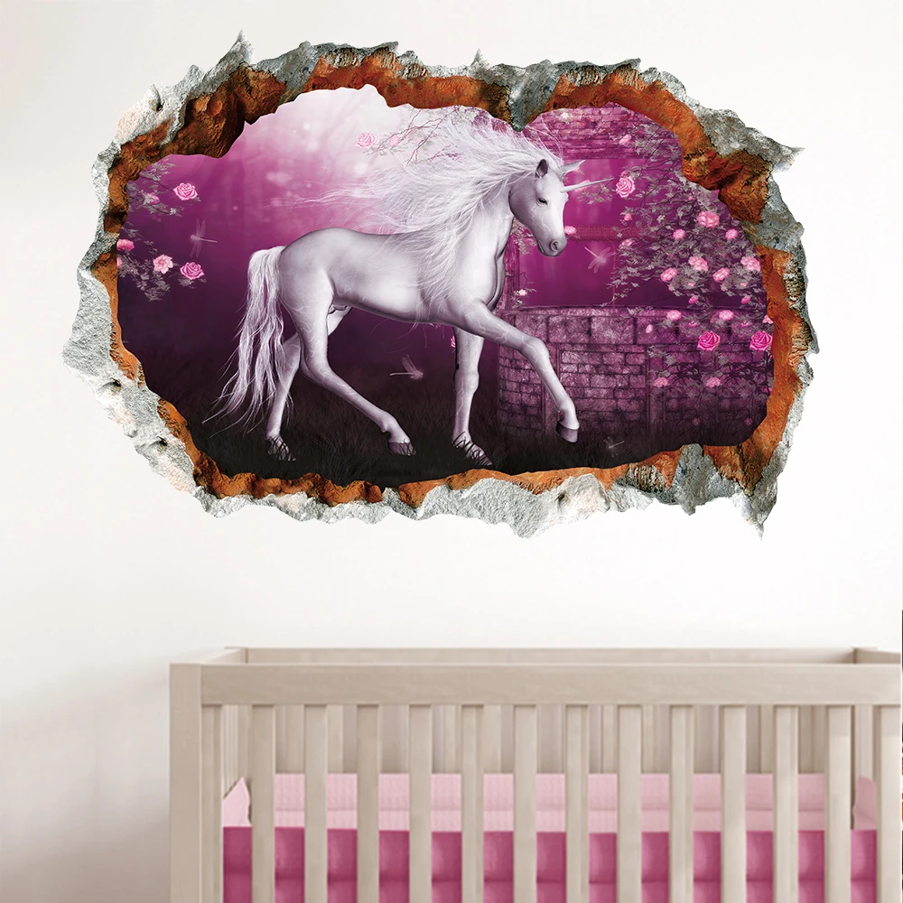 Магический Единорог, лошадь, птицы, наклейки на стену, 3D, на стену, эффект разрыва, наклейки на стену, обои для детей, для спальни, наклейка, плакат, фрески