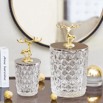 

European crystal glass jar gold elk cover candy jar put a light luxury home decoration 2 pieces per set