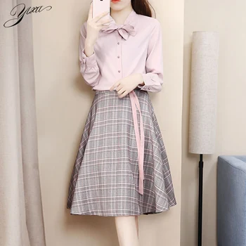 

Early Autumn Woman Blouse Skirt Suit Pink Blouse Plaid Skirt Set for Woman OL Elegant Sets Elegant Work Suits for Woman