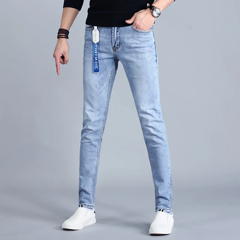 Summer Men's Light Blue Jeans Korean Style Casual Cotton Slim Fit Denim Pants