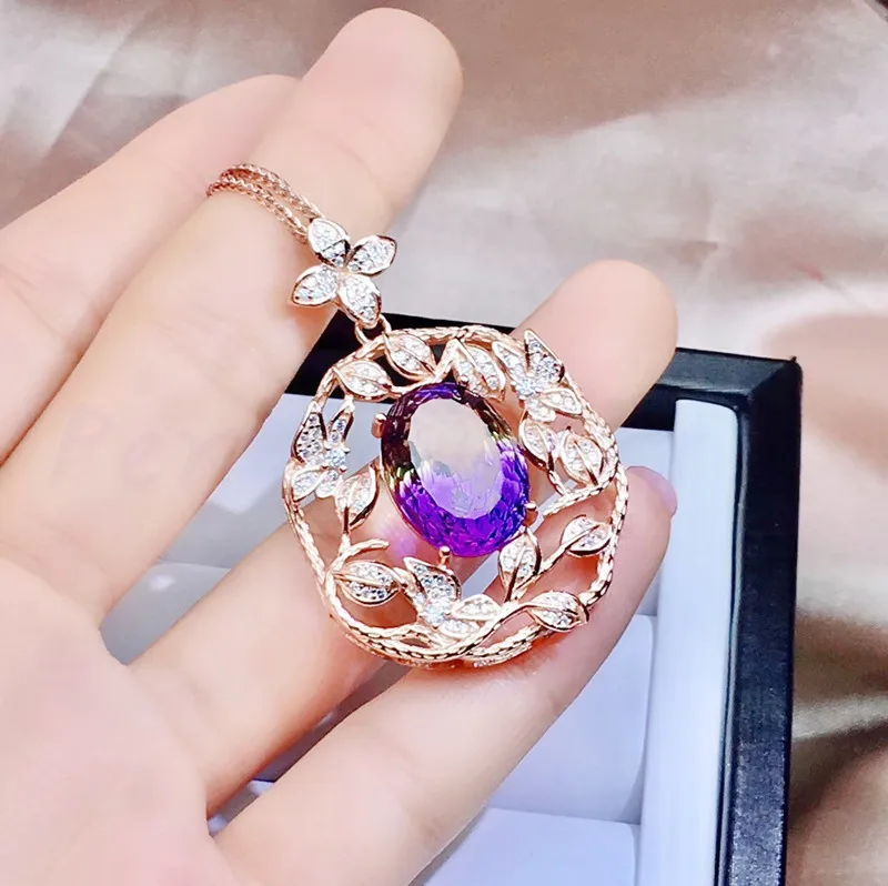 Аметрин ожерелье кулон 6.5ct драгоценный камень 925 серебро цветок стиль ювелирные изделия# J91091