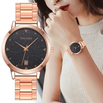 

YOLAKO Sleek Minimalist Calendar Women's Watches Sky Star Ladies Watch Women Rose Gold Quartz Clock Bracelet relojes para mujer