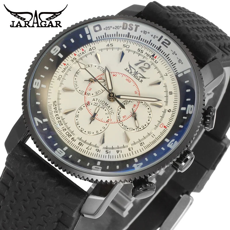 

Jaragar Fashion Three Small Dial Date Week Hour Display Black Bracelet Men's Automatic Watches Luminous Hands Military Clock