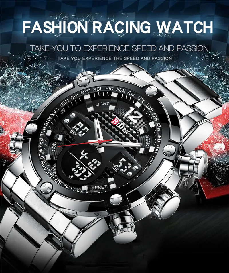 BIDEN Mens Watches Top Brand Quartz Watch for Male Wristwatch Silver Stainless Steel Links Waterproof Calendar Display 0112 | Наручные