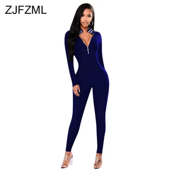 

Sexy Solid Long Sleeve Bodysuit Women Standing Collar Zippers Front Skinny Overalls Plus Size Ladies Bandage One Piece Playsuit