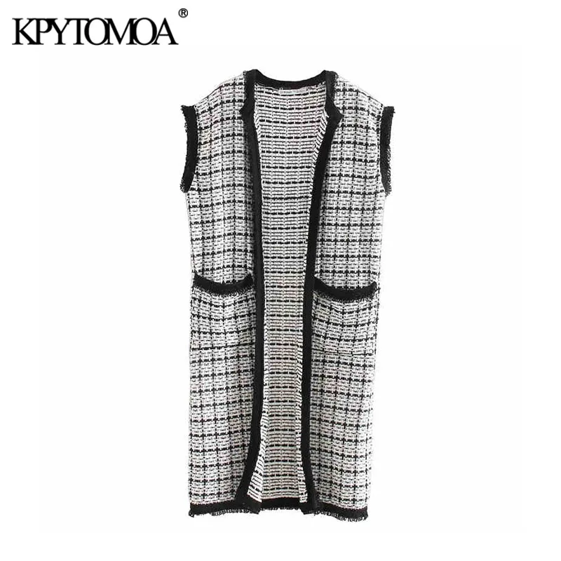 

Vintage Stylish Beading Appliques Tweed Knitted Vest Sweater Women 2020 Fashion Sleeveless Pockets Female Outerwear Chic Tops