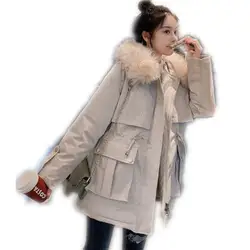 Зимняя женская куртка с большим меховым воротником, модное женское пуховое хлопковое пальто с регулируемым поясом, теплое плотное пальто