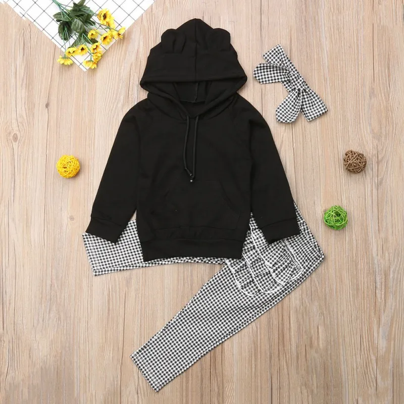 

Autumn Winter Lovely Toddler Baby Girls Clothes Sets 3PCS 3D Ears Hooded Pullover Black Tops+Ruffles Plaid Pants+Headband