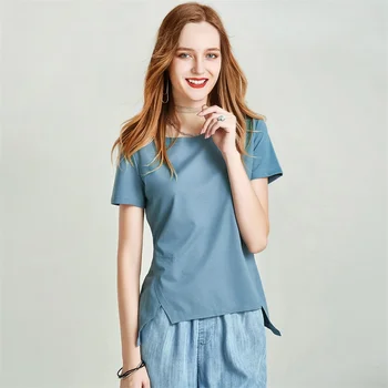 

HAVVA 2020 Summer New Simplicity Irregular Bottom Short-sleeved Women's T-shirt Simple Slim Solid Colour Blouse T5153