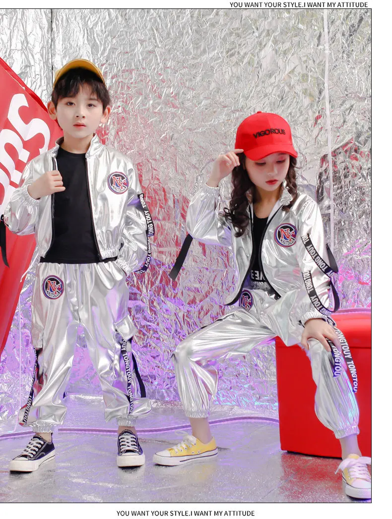 2021 Fashion Boys Hip-hop Set Girl Silver Color Jazz Dance Costume Children Performance Clothes Dance Costume Cool Rave Outfits