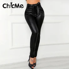 

Chicme PU Leather Pants High Waist Skinny Pants Casual Paperbag Waist Faux Leather Pants With Belt For Women Autumn Spring