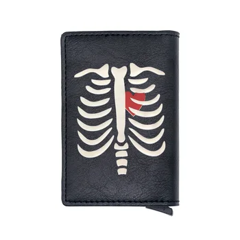 

Black Unique Ribs Skeleton Printing RFID Blocking Men's Credit Card Holder Leather Bank Card Wallet Case Protection Purse