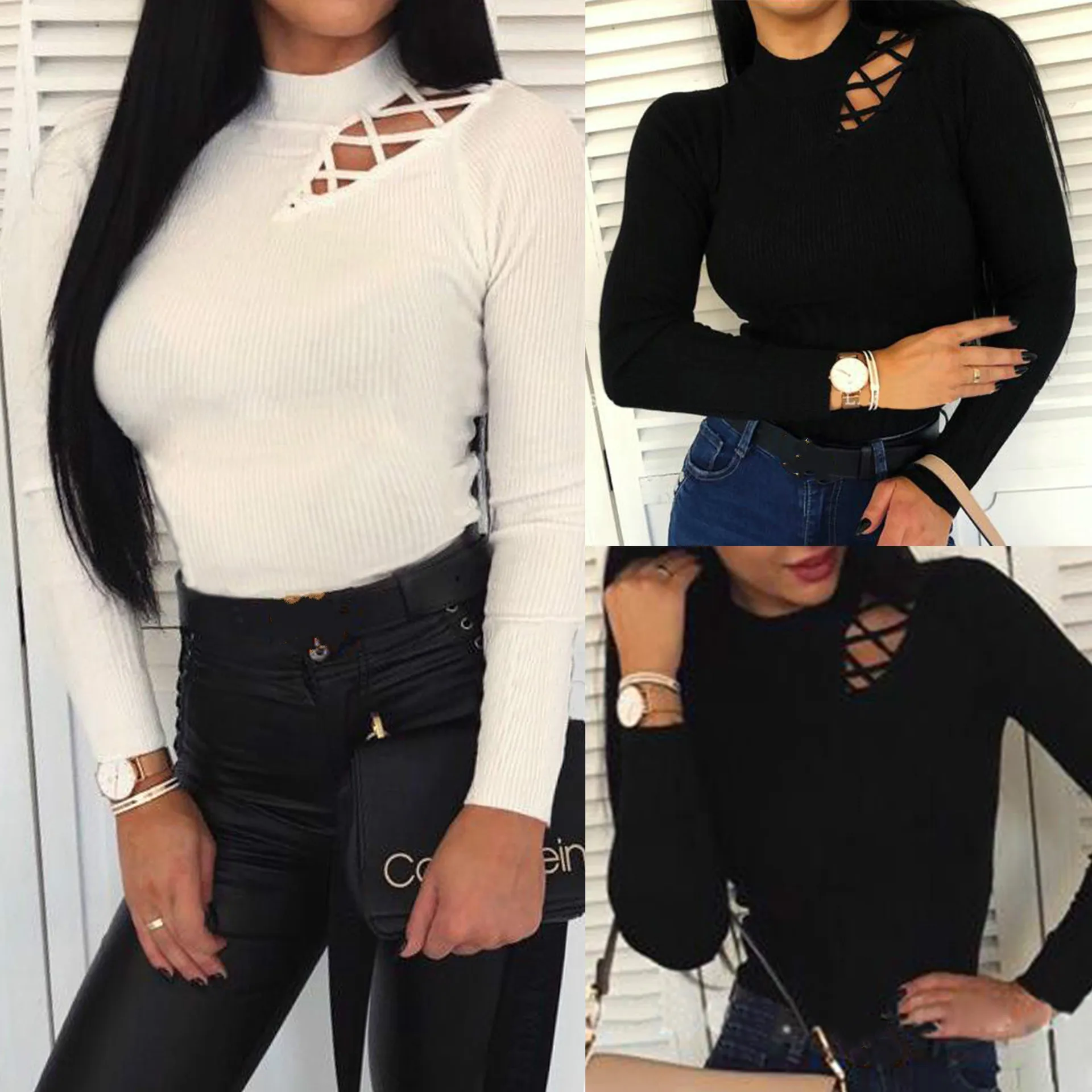 

Sexy Long Sleeve Bodycon Women Tops Solid Color Turtleneck Hollow Out Long Sleeve Women Blouse Sexy Tops and Shirt