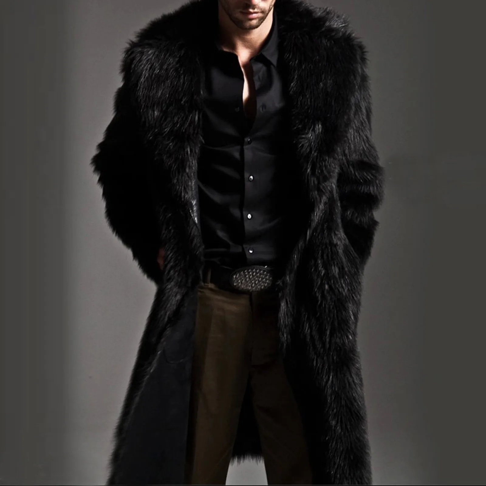 Winter Jacket Mens Warm Thickening Long Coat Jacket Faux-fur Outwear Cardigan Faux Fur Lapel Long Puffy Jacket Veste Homme 1