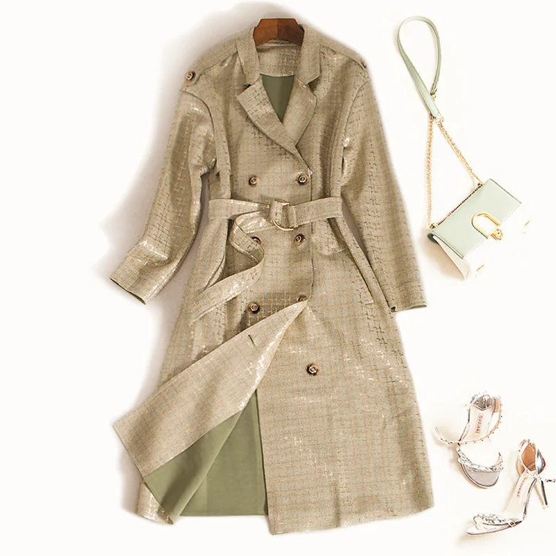Дизайнерский роскошный женский длинный замшевый плащ пальто двубортное с поясом высококачественное женское элегантное модное подиумное пальто