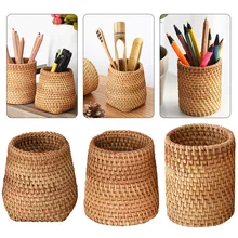 Boîte de rangement En Rotin Porte-Stylo Tissé Crayon Organisateur de Brosse De Maquillage Multi-usages Pour La Maison de Bureau