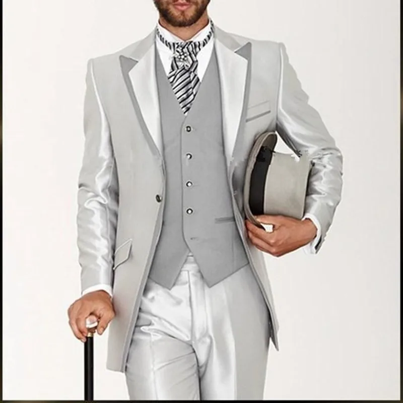 

Latest Coat Pant Designs Silver Grey Satin Italian Men Suit Classic Mens Suits Prom Tuxedos Gentle Custom 3 Pieces Vestidos suit