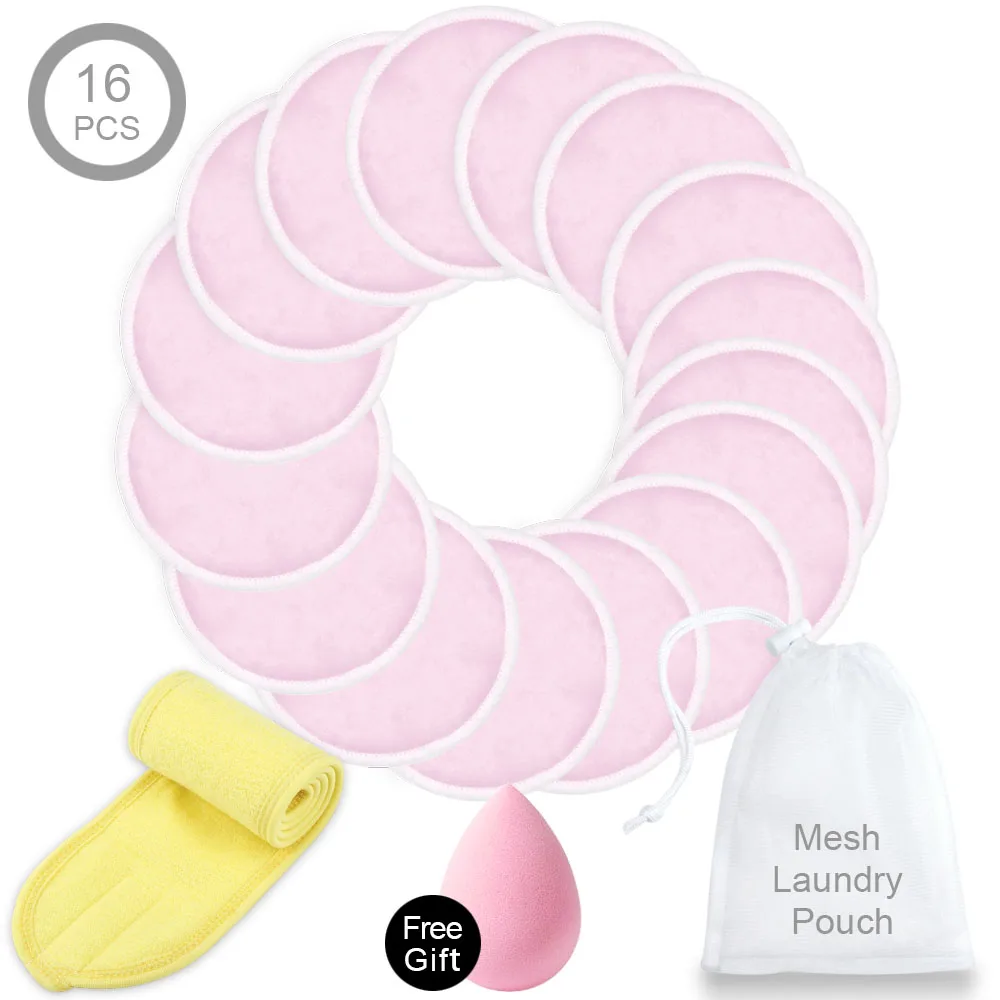 16Pink and Headband Многоразовые подушечки для макияжа моющиеся очищающие хлопок микрофибра для удаления и 1 шт. спа-повязка на голову для лица лента для волос для нанесения макияжа с мешком для стирки - Цвет: 16Pink and Headband