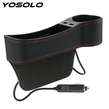 Yosolo puレザー電話ボトルカップホルダーボックスカーシートギャップ収納ボックスデュアルusb充電器車オーガナイザーシートギャップスリットボックス