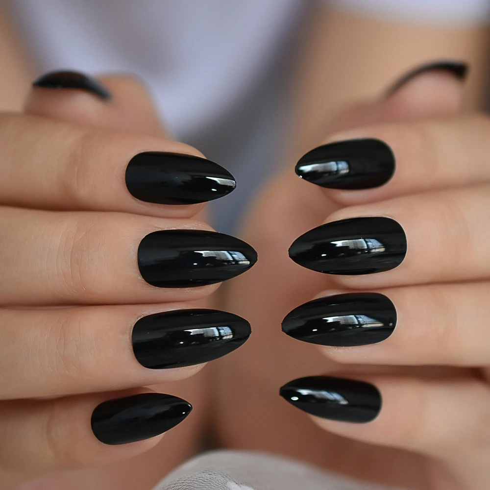 Medium Almond Pitch Black Nail Art Tips Shiny Diy Nail Tips Manicure