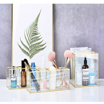 

Golden Glass Makeup Organizer Box Nordic 2/3/4 Grid Cosmetics Container Transparent Makeup Bins Organizer Home Tools Storage Box