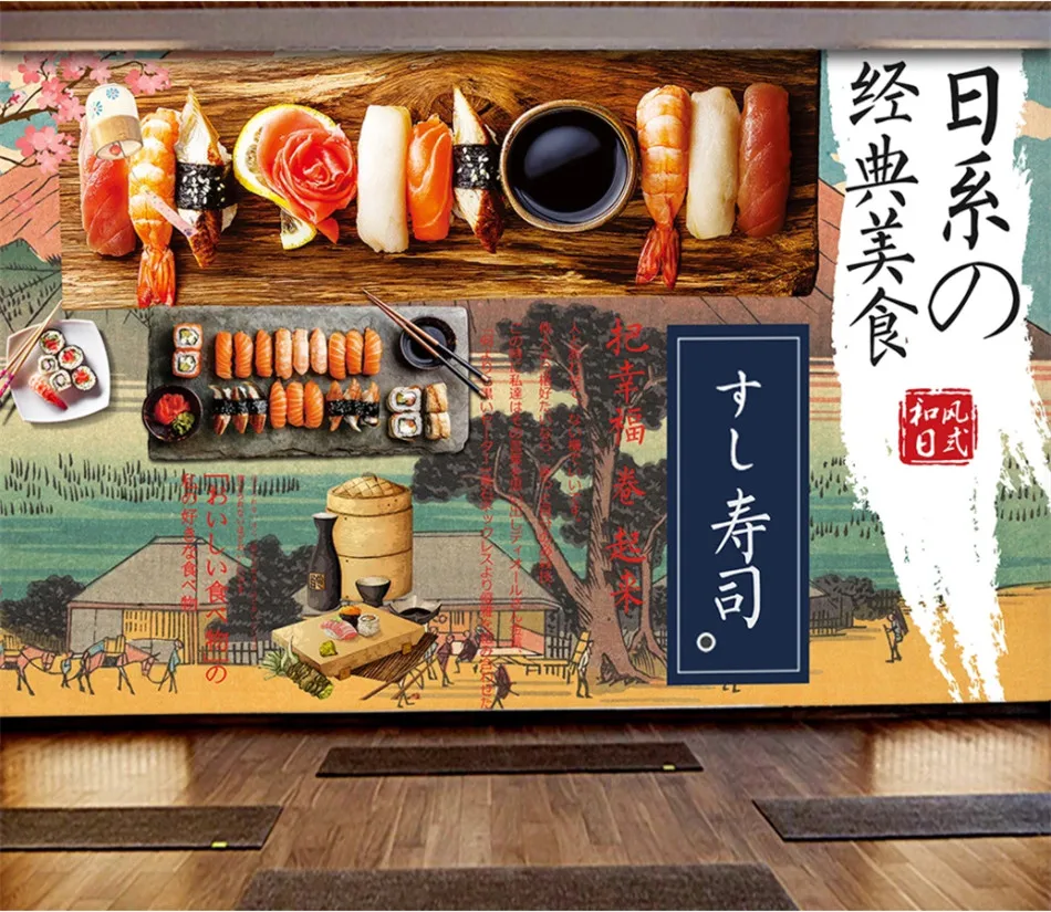Japanese Classic Gourmet Sushi Hand Painted Background Mural Wallpaper 3D Cuisine Restaurant Industrial Decor Wall Paper 3D