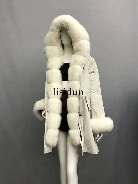 Слоновая кость LISIDUN настоящая меховая Парка женская зимняя куртка натуральный Серебряный лисий мех пальто с капюшоном настоящая подкладка из кроличьего меха куртка женская шуба - Цвет: Слоновая кость