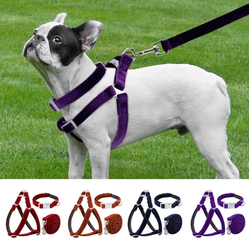

Dog Collar Harness Leash Set Reflective Bull Dog Collars Harness Lead Velvet Pet Pug Harnesses for Small Medium Large Dogs