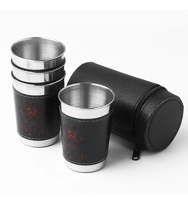4Pcs CCCP Stainless Steel Wine Glasses Shot Cup Drinking Portable Mug Leather Cover Bag Case Outdoor Hip Flask Bar Sets