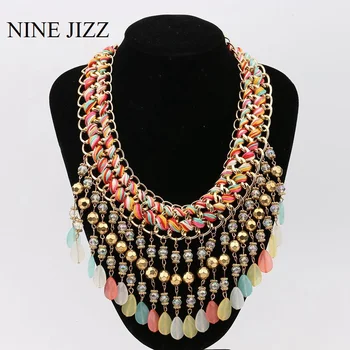 

NINEJIZZ Tassel Crystal Necklaces Vintage Bohemian Big Statement Beads Necklaces Chain For Women Simple Style Wedding Jewelry
