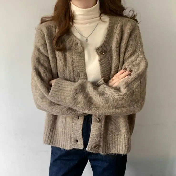 

New Oversize Women's Sweaters Autumn Winter sweater Vintage buttons O Neck Cardigans Single Breasted Puff Sleeve Loose Cardigan