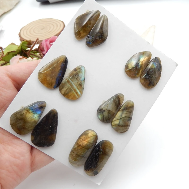 

New Design Natural Stone 6 Pairs Of Labradorite Cabochon Pairs,25x12x4mm22x13x3mm22.8g