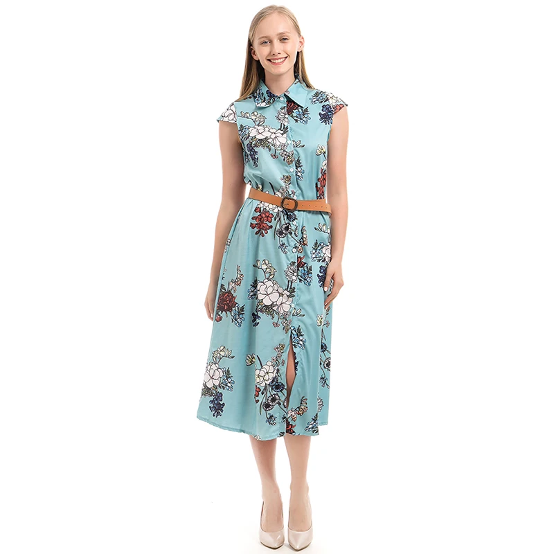 light blue Летнее платье в богемном стиле с цветочной печатью платье Для женщин короткий рукав пляжное платье с поясом и отложным воротником Vestidos - Цвет: light blue