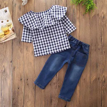 

2020 Autumn Baby Girl Costume Long Sleeve Plaid Print T-shirt Blouse+Denim Pants Set 1-7T