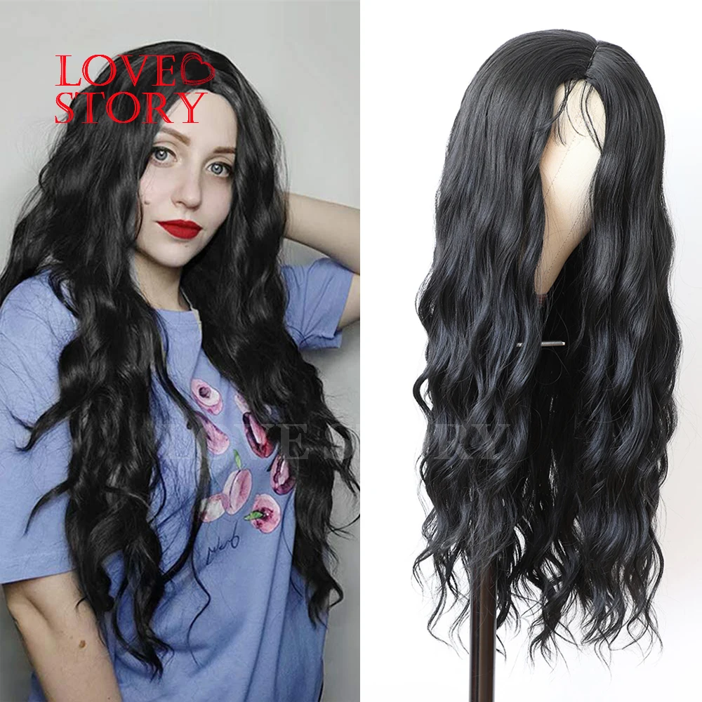 

Lovestory Black Color Synthetic None Lace Wigs Glueless Synthetic Replacement Hair Wig Loose Wave For Fashion Women