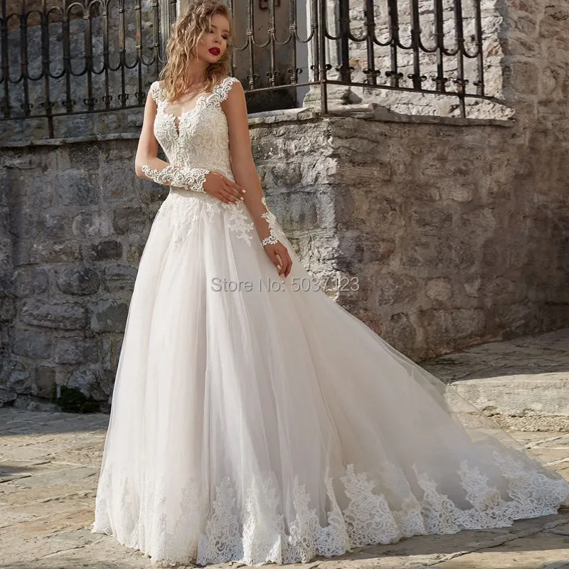 Luxury Tulle Wedding Dresses Lace Appliques Long Sleeves Scoop Up Sweep Train Vestido De Noiva Bridal Gowns | Свадьбы и торжества