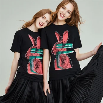 

HAVVA 2020 Summer New Bunny Printed Round Neck Short-sleeved T-shirt T32330