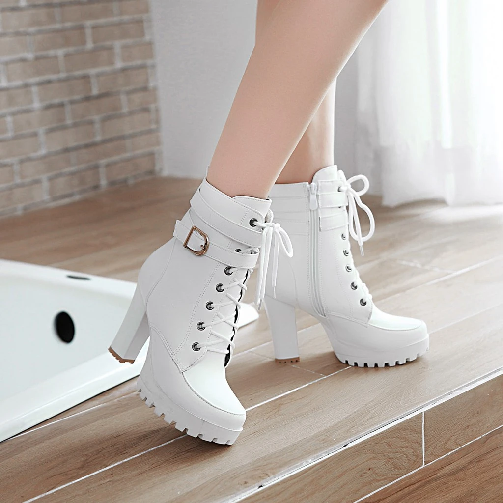 Botines de tacón alto con para mujer, botas de plataforma de talla grande, zapatos de moda, color blanco, negro y marrón, Otoño e Invierno| Botas hasta el tobillo| - AliExpress