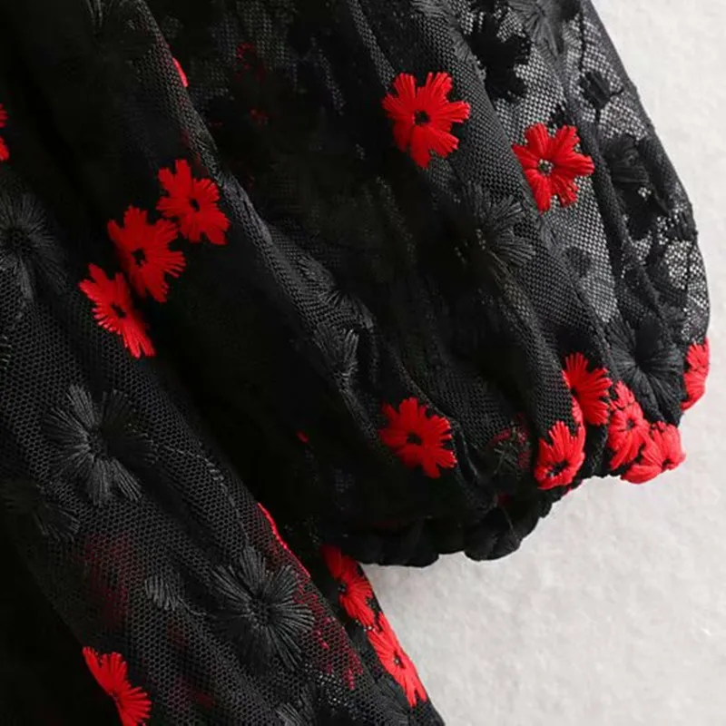 NSZ Женский стильный комплект из двух частей миди платье вышивка круглый вырез длинный рукав женское повседневное черное шикарное элегантное Сетчатое платье