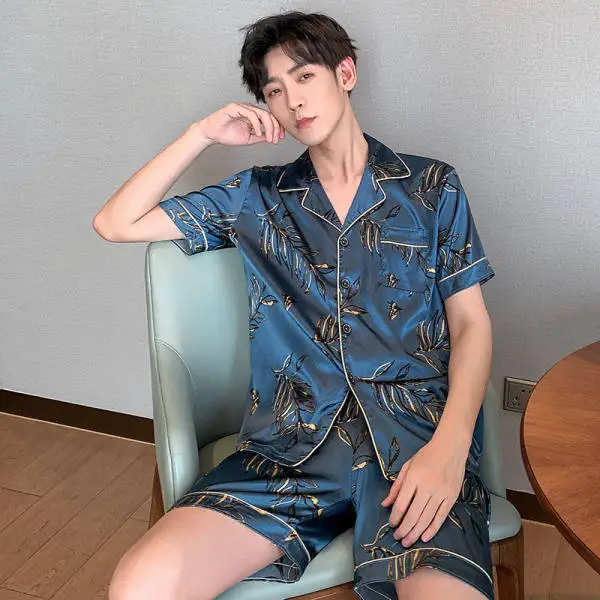 M-5XL New Men Summer Pajama Sets Man Large Bust Silk Pajamas Shorts Pants Satin Sleep Wear Pijamas Pyjama Mujer 4x Pajama Shorts mens cotton pajama sets