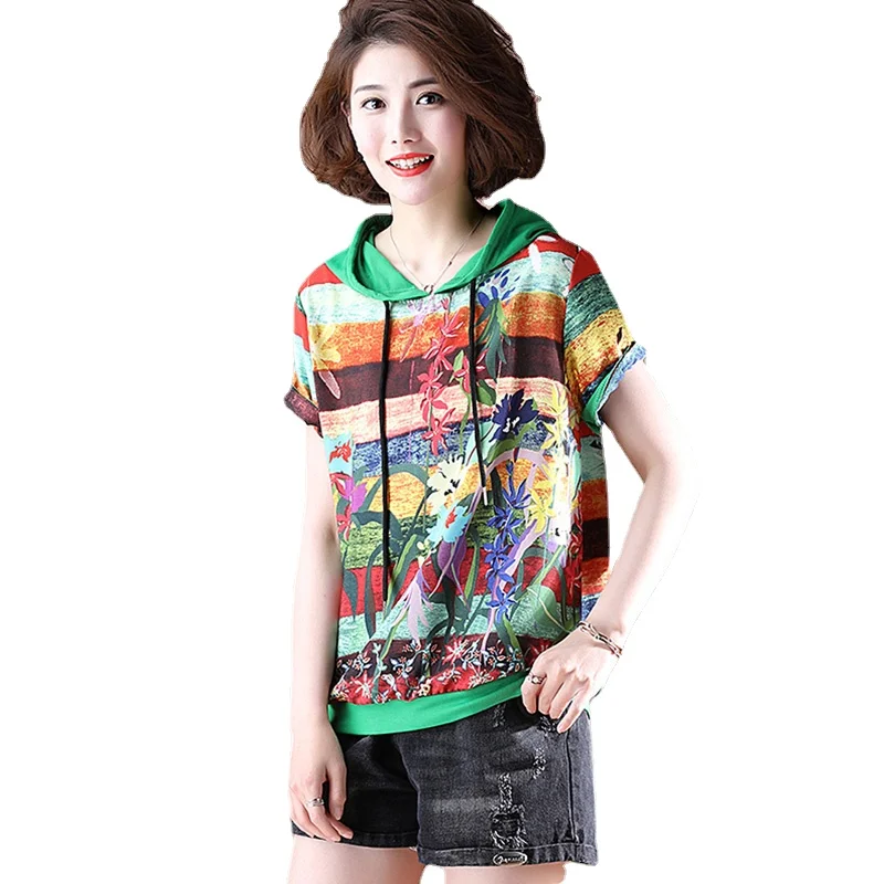 

2021 New Plus Size Summer Loose Casuale Hooded Fashion Short Sleeve Tops Women Shirts Print Patchwork Chiffon Blouse Tops