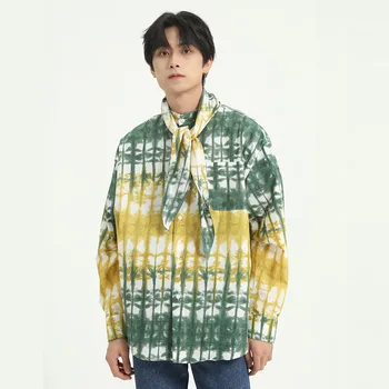 

Men Casual Stand Collar Long Sleeve Shirt Include Tie Male Streetwear Hip Hop Retro Fashion Loose Dress Shirts