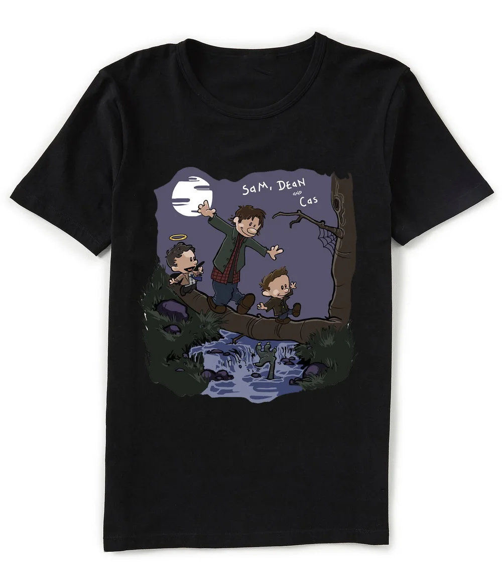 

Supernatural X Calvin And Hobbes Sam Dean Winchester And Castiel Black T-Shirt Cotton Outdoor Wear Tops Tee Shirt