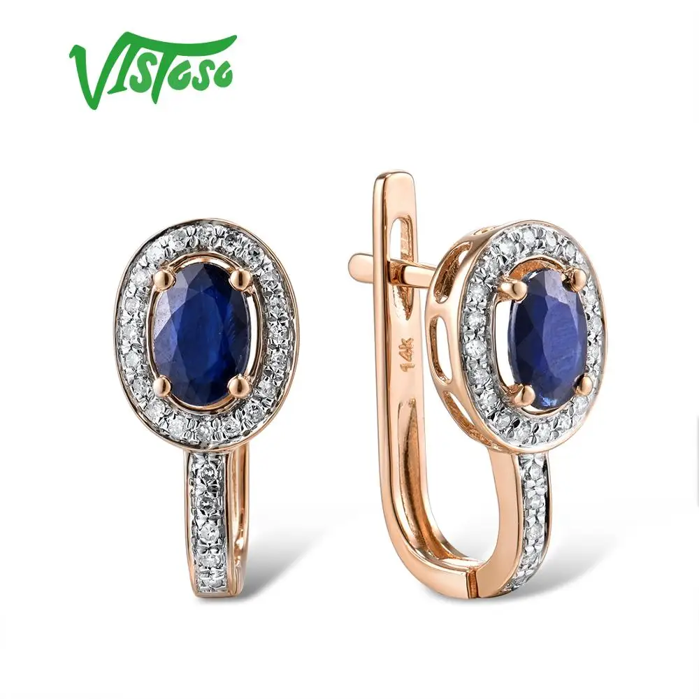 VISTOSO Gold Earrings For Women Genuine 14K 585 White/Rose Gold Sparkling Diamond Blue Sapphire Gorgeous Earrings Fine Jewelry 4