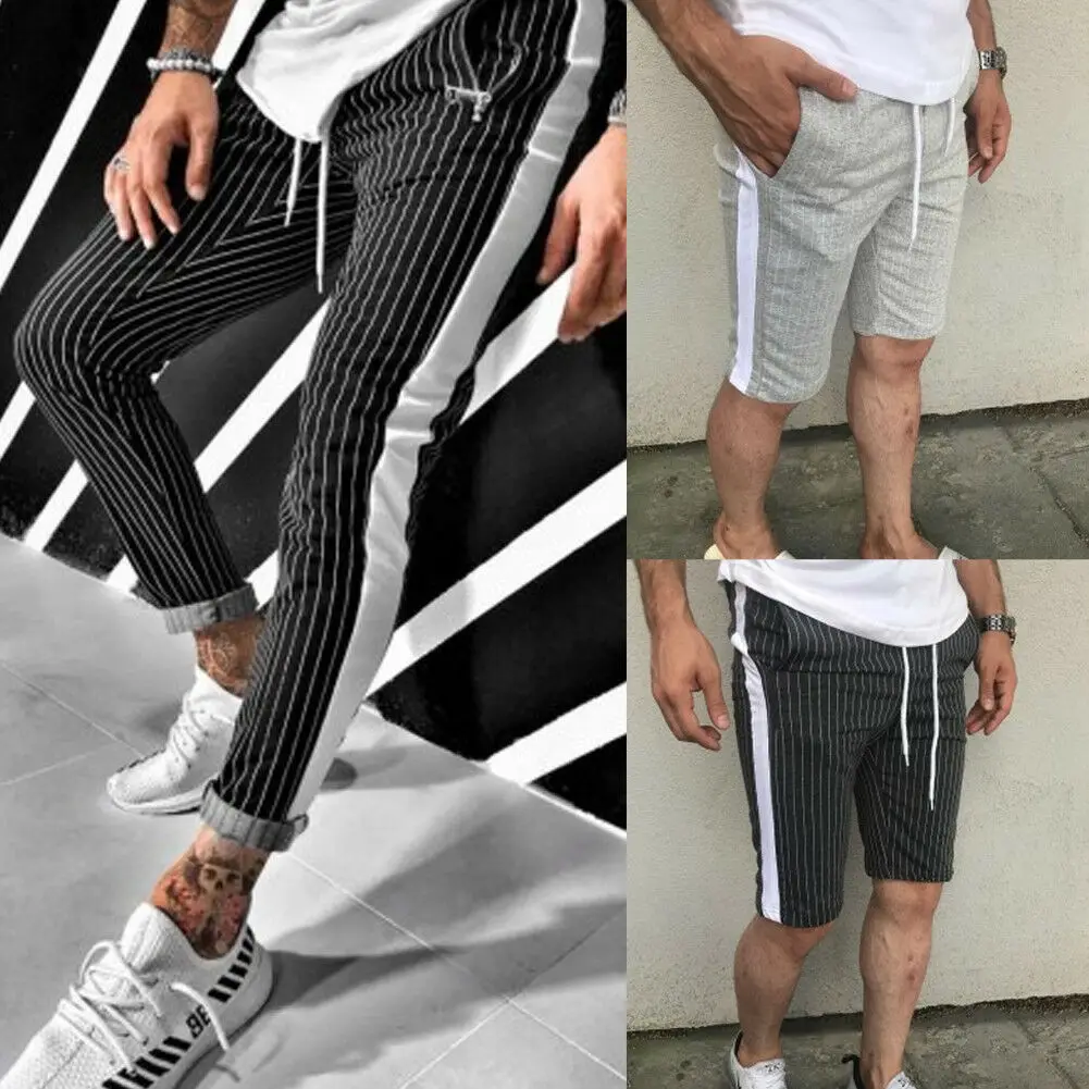 

Hot Men Pants Hipster Jogger Elastic Gym Fitness Workout Track Side Color Strip Summer Spring Casual Male Sport Short