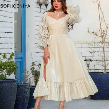 

New Arrival A-Line V-Neck Long Sleeve Evening Gowns 2020 Lace Floor-Length Muslim Formal Evening Dress