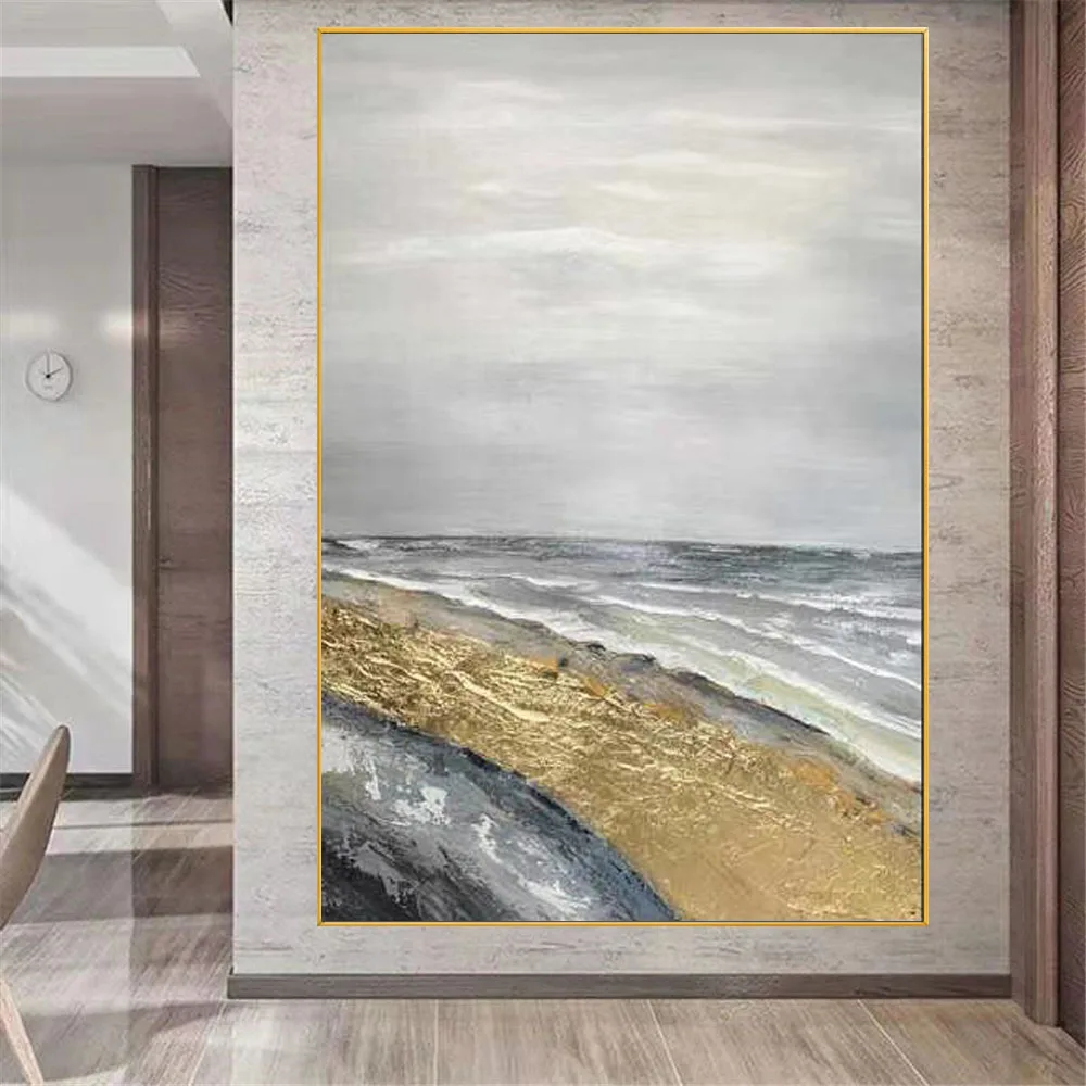 

Hand abstract seascape oil painting off-white tone texture gold foil golden coastline canvas painting living room decor wall art