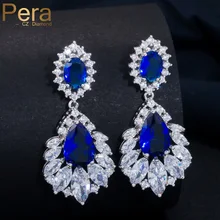 Pera Trendy Long Royal Blue Big Drop Earrings White Gold Color Handmade Cubic Zirconia Stone Dangle Jewelry For Women E021